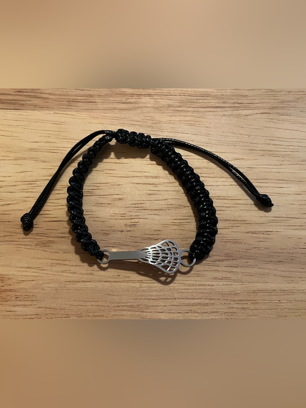 Black Macramé Bracelet with Silver Lacrosse Head Charm